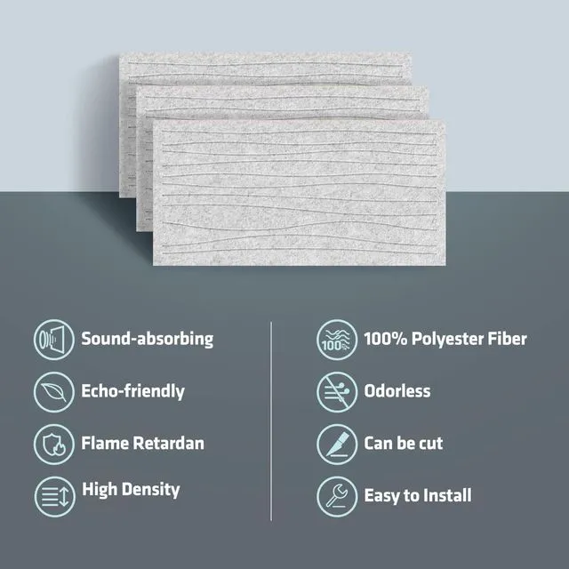 Alt view image 5 of 6 - 6 Pack Acoustic Wall Panels, 47.2"x23.6" Sound Proof Panels, Silver Grey |, 0.4" Thick, Polyester Fiber Material, Wavy Grooved Pattern, Easy to Cut and Install