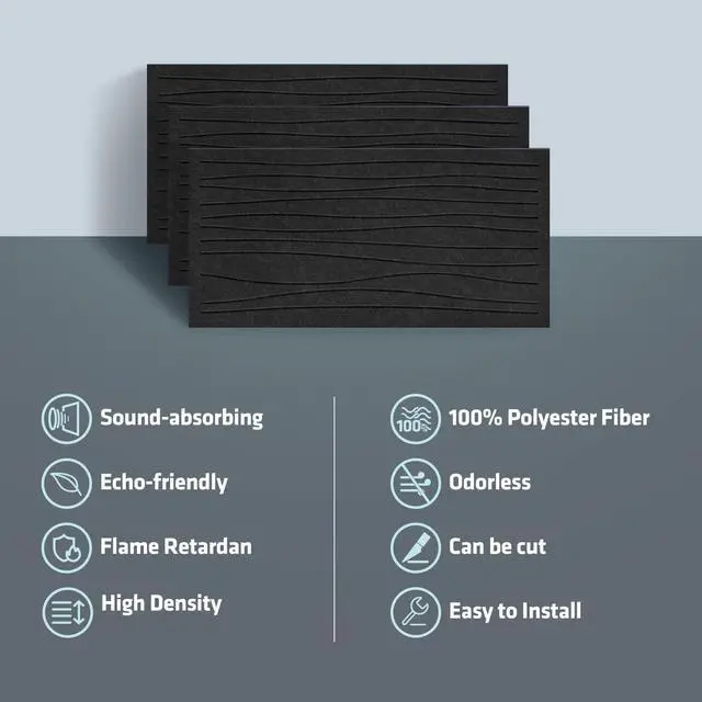 Alt view image 5 of 6 - 6 Pack Acoustic Wall Panels, 47.2"x23.6" Sound Proof Panels, Black |, 0.4" Thick, Polyester Fiber Material, Wavy Grooved Pattern, Easy to Cut and Install