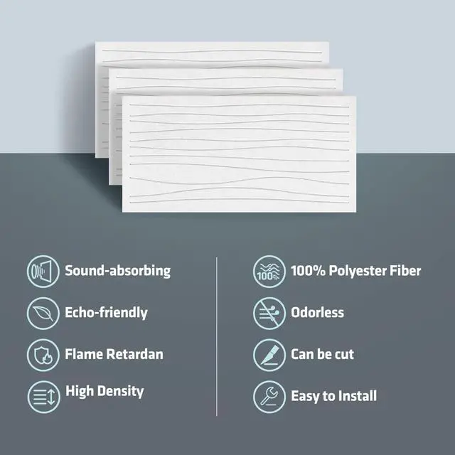 Alt view image 5 of 5 - 6 Pack Acoustic Wall Panels,47.2"x23.6" Decorative Sound Proof Panels,White |, 0.4" Thick, Polyester Fiber Material, Wavy Grooved Pattern, Easy to Cut and Install