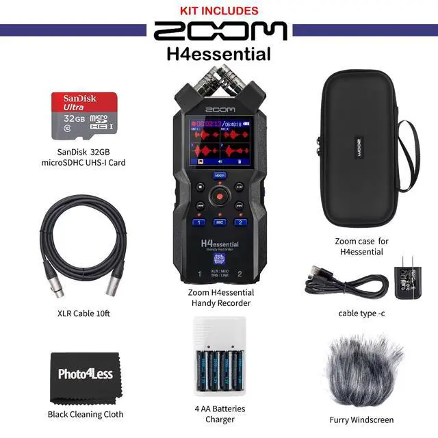 Alt view image 2 of 6 - H4essential Handy Recorder, Bundle with Accessory Pack, 32GB micro SD-Card with Adapter, 2X XLR Cable, 4 AA Batteries & Charger