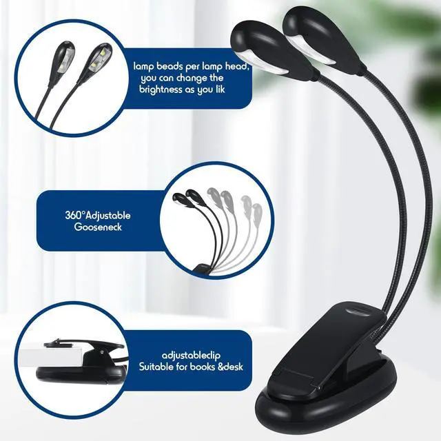 Alt view image 2 of 6 - 28 Pcs Music Stand Light Bulk Clip on LED Book Lights | USB and AAA Battery Operated, Brightness Dual Arm Clip Lamp, Rechargeable for Eye Protection, Bookworms Readers Piano Player