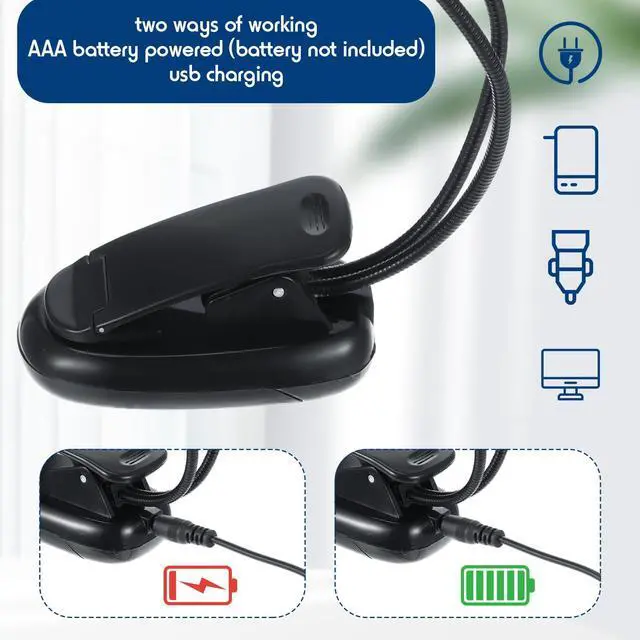 Alt view image 3 of 6 - 28 Pcs Music Stand Light Bulk Clip on LED Book Lights | USB and AAA Battery Operated, Brightness Dual Arm Clip Lamp, Rechargeable for Eye Protection, Bookworms Readers Piano Player