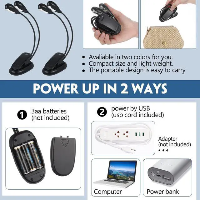 Alt view image 5 of 6 - 28 Pcs Music Stand Light Bulk Clip on LED Book Lights | USB and AAA Battery Operated, Brightness Dual Arm Clip Lamp, Rechargeable for Eye Protection, Bookworms Readers Piano Player