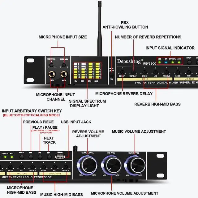 Alt view image 2 of 6 - REV3900 KTV Pre-Effector Household Reverberator Karaoke Anti-Howling Audio Processor USB Bluetooth Device with Microphone