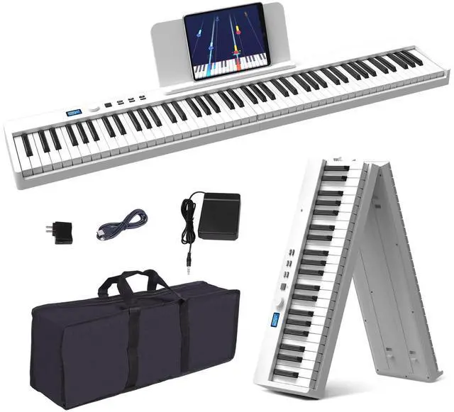 Main image of Folding Piano Keyboard, 88 Key Full Size Semi Weighted Foldable Keyboard Piano, Portable Bluetooth Electric Piano with Sheet Music Stand, Sustain Pedal and Piano Bag, White