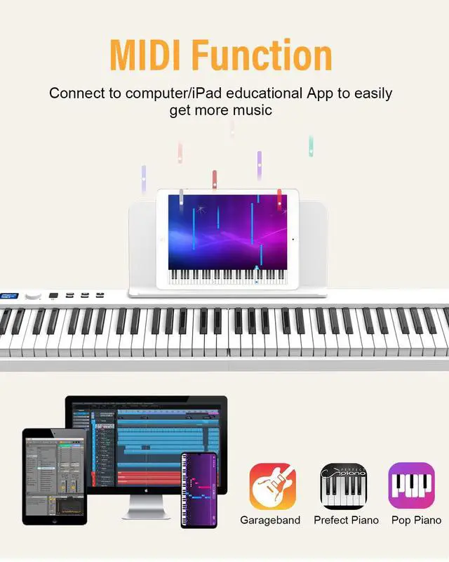 Alt view image 2 of 6 - Folding Piano Keyboard, 88 Key Full Size Semi Weighted Foldable Keyboard Piano, Portable Bluetooth Electric Piano with Sheet Music Stand, Sustain Pedal and Piano Bag, White