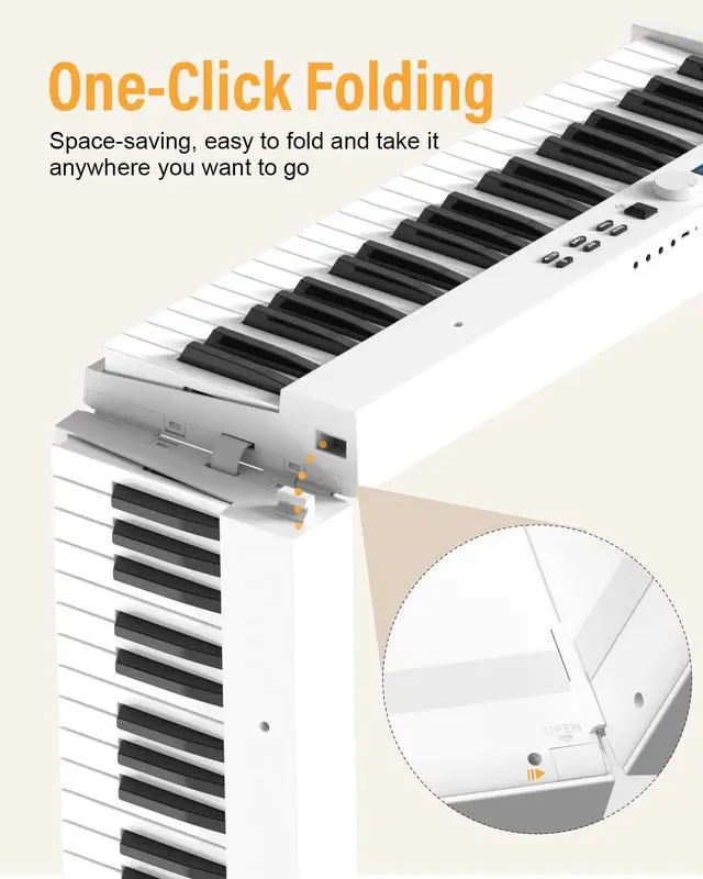 Alt view image 4 of 6 - Folding Piano Keyboard, 88 Key Full Size Semi Weighted Foldable Keyboard Piano, Portable Bluetooth Electric Piano with Sheet Music Stand, Sustain Pedal and Piano Bag, White