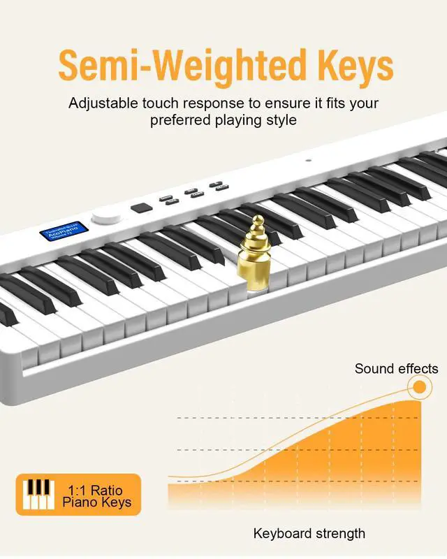 Alt view image 5 of 6 - Folding Piano Keyboard, 88 Key Full Size Semi Weighted Foldable Keyboard Piano, Portable Bluetooth Electric Piano with Sheet Music Stand, Sustain Pedal and Piano Bag, White