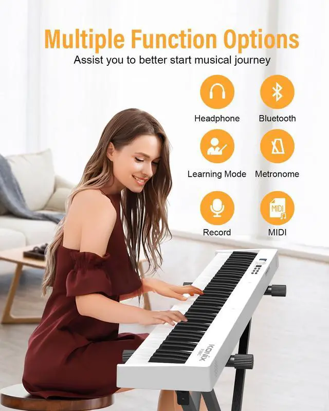 Alt view image 6 of 6 - Folding Piano Keyboard, 88 Key Full Size Semi Weighted Foldable Keyboard Piano, Portable Bluetooth Electric Piano with Sheet Music Stand, Sustain Pedal and Piano Bag, White
