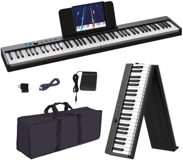 Main image of Foldable Piano Keyboard, 88 Key Full Size Semi Weighted Folding Piano Keyboard, Bluetooth Portable Electronic Keyboard Piano with Sheet Music Stand, Sustain Pedal and Piano Bag, Black