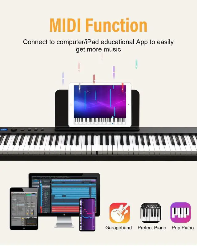Alt view image 4 of 6 - Foldable Piano Keyboard, 88 Key Full Size Semi Weighted Folding Piano Keyboard, Bluetooth Portable Electronic Keyboard Piano with Sheet Music Stand, Sustain Pedal and Piano Bag, Black