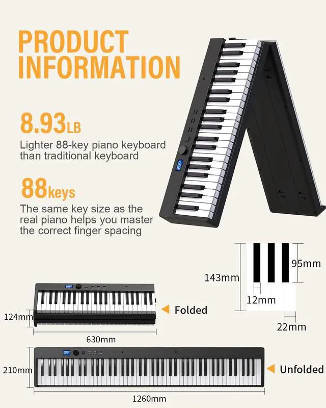 Alt view image 6 of 6 - Foldable Piano Keyboard, 88 Key Full Size Semi Weighted Folding Piano Keyboard, Bluetooth Portable Electronic Keyboard Piano with Sheet Music Stand, Sustain Pedal and Piano Bag, Black