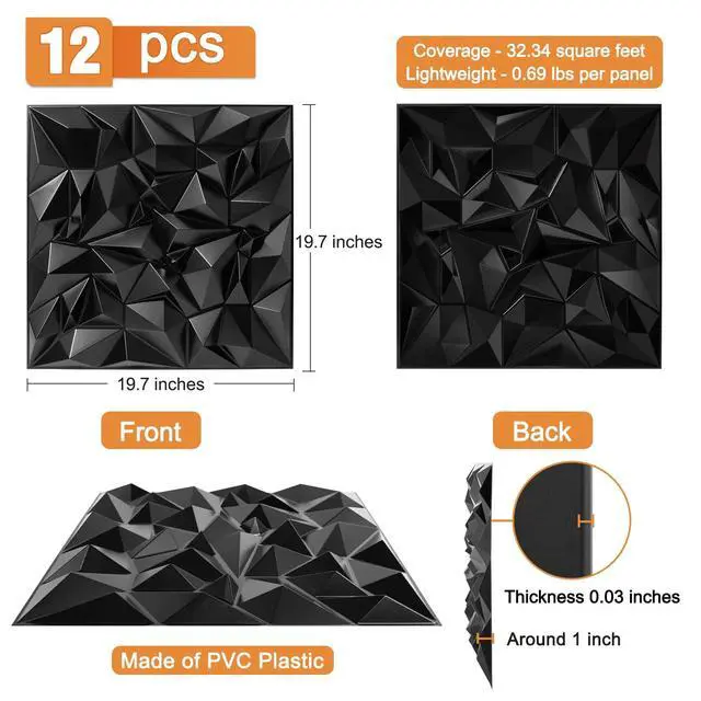 Alt view image 2 of 6 - Acoustic Sound Diffuser Panels, 19.7 X 19.7 X 1 inches 12 Pcs Black PVC Plastic 3D Wall Panel, Recording Studio Acoustical Treatment Diffusion panel, Art Decorative Ceiling Tiles