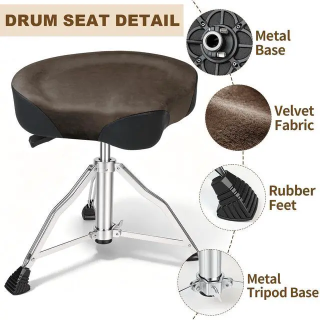Alt view image 4 of 6 - Drum Throne, Hydraulic Drum Stool, Height Ajustable Drumming Seat, Heavy Duty Velvet Chair, Motorcycle Saddle Throne, Padded for Drummer Adult Men Brown GD01