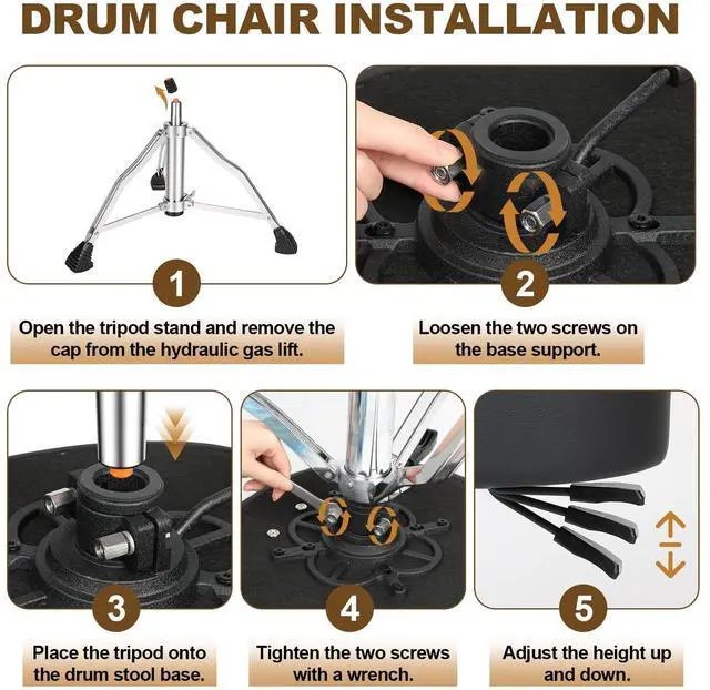 Alt view image 6 of 6 - Drum Throne, Hydraulic Drum Stool, Height Ajustable Drumming Seat, Heavy Duty Velvet Chair, Motorcycle Saddle Throne, Padded for Drummer Adult Men Brown GD01