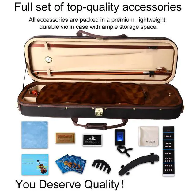Alt view image 5 of 6 - Violin 4/4 Full Size Complete Set for Adults Teenagers Students,Solid Maple Wood Violins with Rosewood Fittings,Case,Spare strings,Bow, Rosin, Shoulder Rest,Professional Violin for 11+years Gift