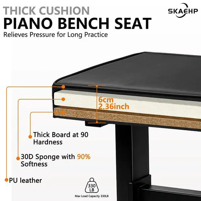 Alt view image 5 of 6 - Adjustable Piano Bench with backrest, Durable Piano Stool Keyboard Chair | Portable Piano Stool for Musicians Piano Seat with Padded Cushion