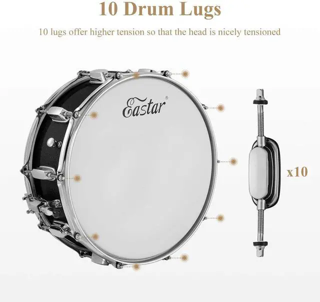 Alt view image 3 of 6 - Snare Drum Set with Drum Sticks, Stand, Mute Pad, Bag, Key, 14"X 5.5", Starry Black