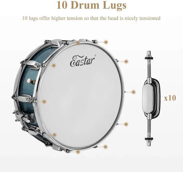 Alt view image 3 of 6 - Snare Drum Set with Drum Sticks,for Beginners with Drum Stand, Mute Pad, Snare Drum Bag, Drum Key, 14"X 5.5", Starry Blue