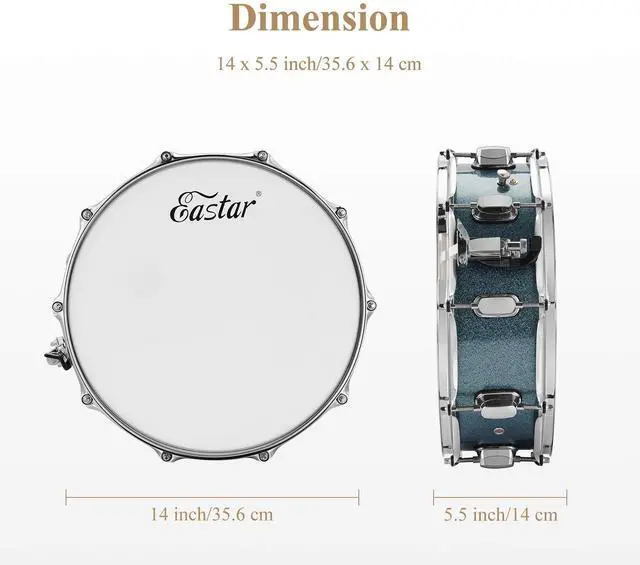 Alt view image 4 of 6 - Snare Drum Set with Drum Sticks,for Beginners with Drum Stand, Mute Pad, Snare Drum Bag, Drum Key, 14"X 5.5", Starry Blue