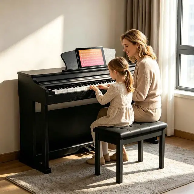 Alt view image 2 of 6 - Wooden Duet Piano Bench with Padded Seat and Storage Compartments | Sheet Music Books, 29.13x12.99x18.11 Inches, Black