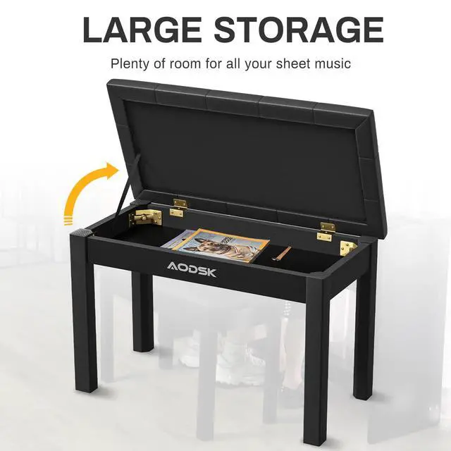 Alt view image 5 of 6 - Wooden Duet Piano Bench with Padded Seat and Storage Compartments | Sheet Music Books, 29.13x12.99x18.11 Inches, Black