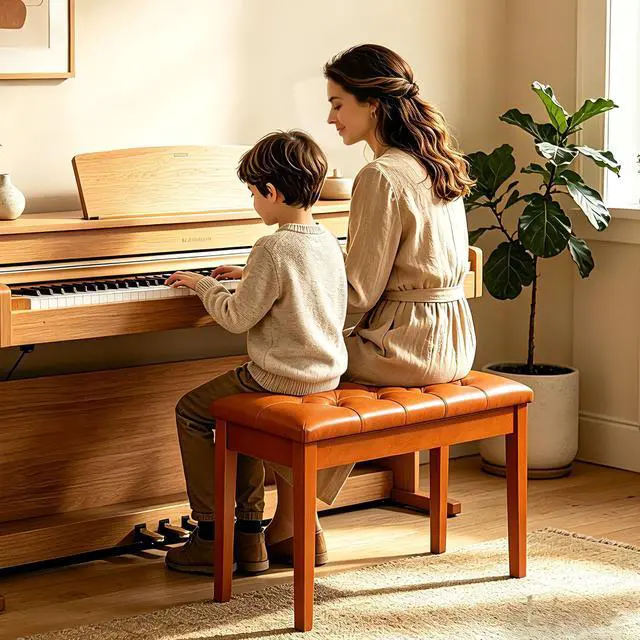 Alt view image 2 of 6 - Solid Wood Duet Piano Bench with Storage, Double Keyboard Piano Benches Seat with PU Padded Cushion,Wooden Piano Stool Chair with Bookcase for Sheet Music Books, Brown & Black Optional