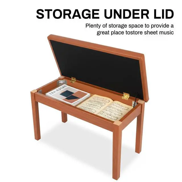 Alt view image 4 of 6 - Solid Wood Duet Piano Bench with Storage, Double Keyboard Piano Benches Seat with PU Padded Cushion,Wooden Piano Stool Chair with Bookcase for Sheet Music Books, Brown & Black Optional