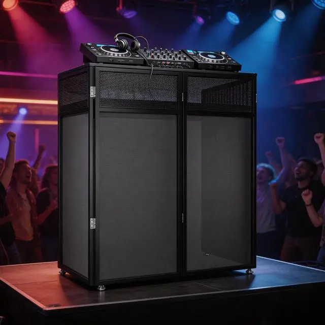Alt view image 3 of 6 - 46"x42.5"x18.5" Portable DJ Facade Table Station | Foldable DJ Booth Facade with Black & White Scrim | Includes Carrying Bag | Metal Frame DJ Booth Panel equipmentfor Show, Wedding, Clubs
