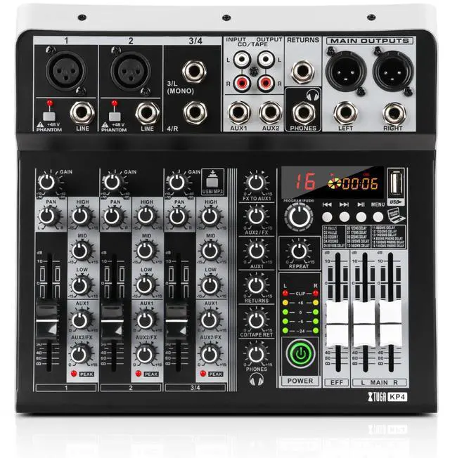Main image of KP4 4 Channel Audio Mixer with Bluetooth,DJ Sound Board Controller | USB Audio Interface,16-Bit DSP Effect,+48V Phantom Power,Mixer Board for Home Studio Recording,Live Streaming,Party,Church