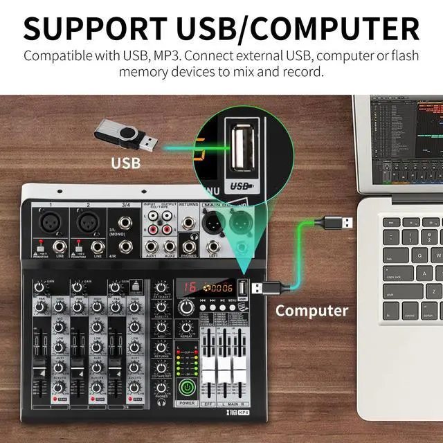 Alt view image 2 of 6 - KP4 4 Channel Audio Mixer with Bluetooth,DJ Sound Board Controller | USB Audio Interface,16-Bit DSP Effect,+48V Phantom Power,Mixer Board for Home Studio Recording,Live Streaming,Party,Church
