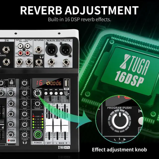 Alt view image 4 of 6 - KP4 4 Channel Audio Mixer with Bluetooth,DJ Sound Board Controller | USB Audio Interface,16-Bit DSP Effect,+48V Phantom Power,Mixer Board for Home Studio Recording,Live Streaming,Party,Church