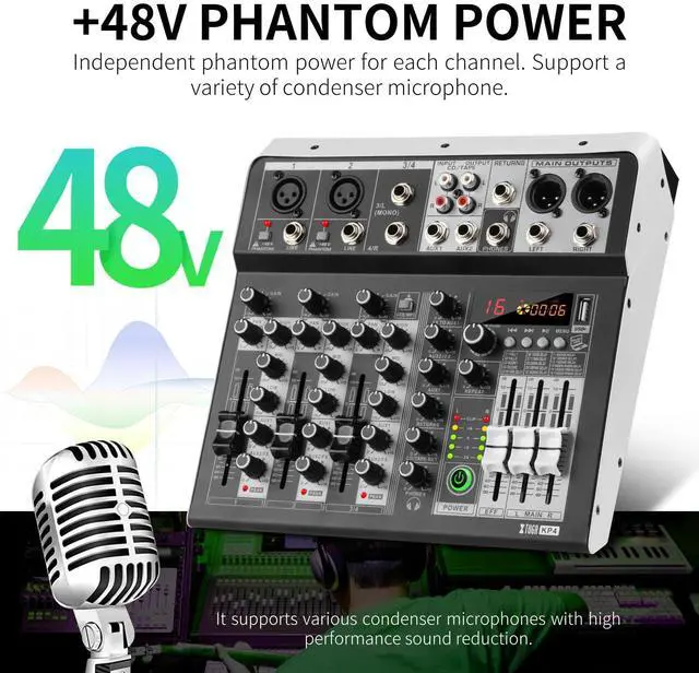 Alt view image 6 of 6 - KP4 4 Channel Audio Mixer with Bluetooth,DJ Sound Board Controller | USB Audio Interface,16-Bit DSP Effect,+48V Phantom Power,Mixer Board for Home Studio Recording,Live Streaming,Party,Church