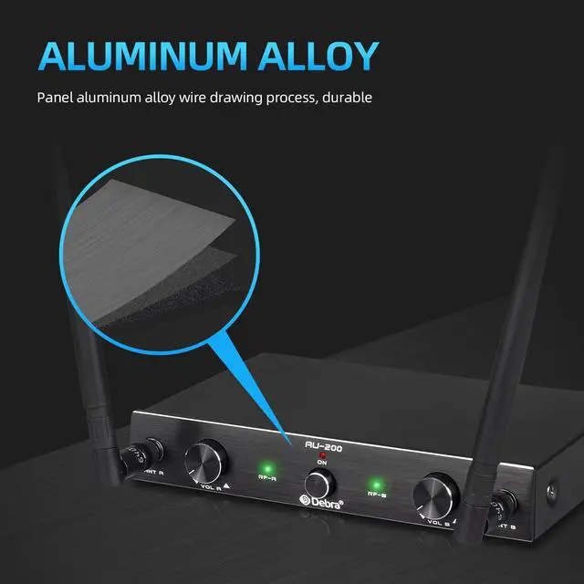 Alt view image 2 of 6 - Audio AU200 Pro UHF 2 Channel Wireless Microphone System with Cordless Handheld Lavalier Headset Mics, Metal Receiver, for Karaoke Church Party (2 Handheld)
