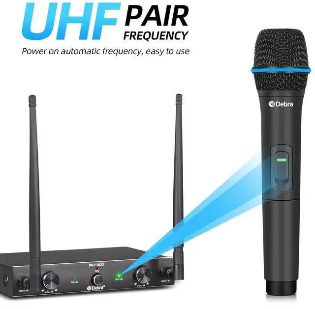 Alt view image 3 of 6 - Audio AU200 Pro UHF 2 Channel Wireless Microphone System with Cordless Handheld Lavalier Headset Mics, Metal Receiver, for Karaoke Church Party (2 Handheld)