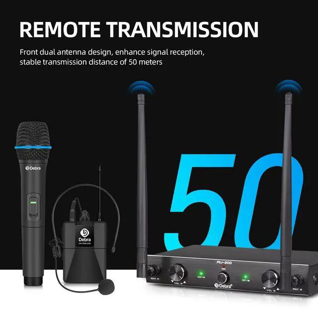 Alt view image 4 of 6 - Audio AU200 Pro UHF 2 Channel Wireless Microphone System with Cordless Handheld Lavalier Headset Mics, Metal Receiver, for Karaoke Church Party (2 Handheld)