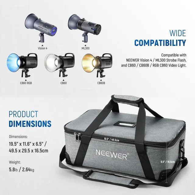 Alt view image 2 of 6 - Carrying Bag with Movable Foam Padded for Studio Light Q300 Vision 4 ML300 CB60B RGB CB60 MS60B MS60C MS150B, Durable Oxford Cloth Transit Bag Travel Case with Shoulder Strap & Handle, PB5