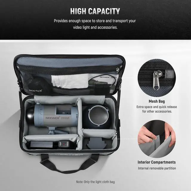 Alt view image 3 of 6 - Carrying Bag with Movable Foam Padded for Studio Light Q300 Vision 4 ML300 CB60B RGB CB60 MS60B MS60C MS150B, Durable Oxford Cloth Transit Bag Travel Case with Shoulder Strap & Handle, PB5