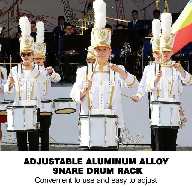 Alt view image 2 of 6 - Adjustable Marching Snare Drum Carrier - Lightweight Aluminum Harness with Thickened Padded Shoulders, Height & Width Adjustable Holder for School Band & Drumline, White (Fits 10-14")