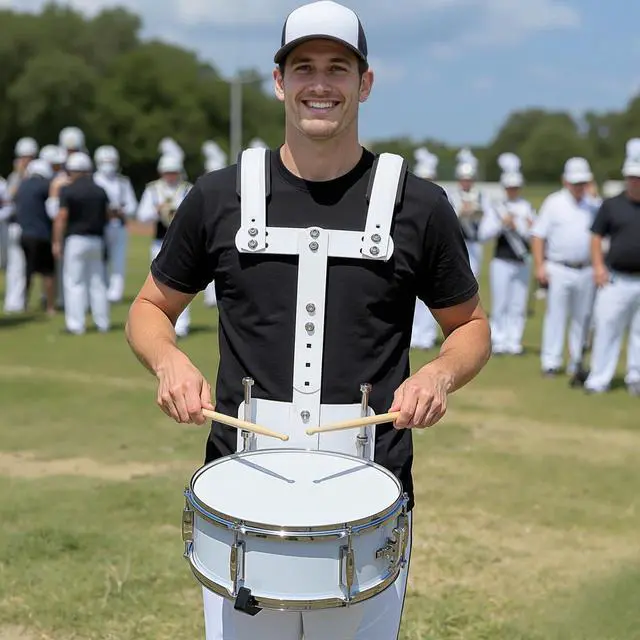 Alt view image 3 of 6 - Adjustable Marching Snare Drum Carrier - Lightweight Aluminum Harness with Thickened Padded Shoulders, Height & Width Adjustable Holder for School Band & Drumline, White (Fits 10-14")