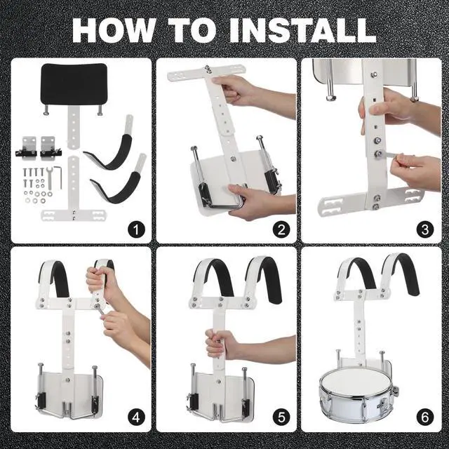 Alt view image 6 of 6 - Adjustable Marching Snare Drum Carrier - Lightweight Aluminum Harness with Thickened Padded Shoulders, Height & Width Adjustable Holder for School Band & Drumline, White (Fits 10-14")