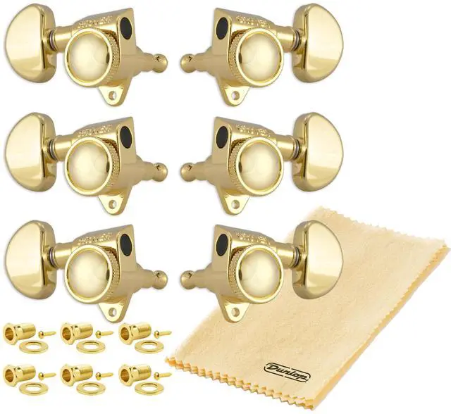 Main image of Grover 502G ROTO-GRIP Locking Rotomatics Guitar Tuners, Tuning Machines Set 3+3 18:1 Gold Tuning Keys Kidney Button Dunlop Polish Cloth Bundle Tuner Heads