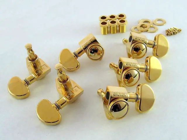 Alt view image 5 of 6 - Grover 502G ROTO-GRIP Locking Rotomatics Guitar Tuners, Tuning Machines Set 3+3 18:1 Gold Tuning Keys Kidney Button Dunlop Polish Cloth Bundle Tuner Heads