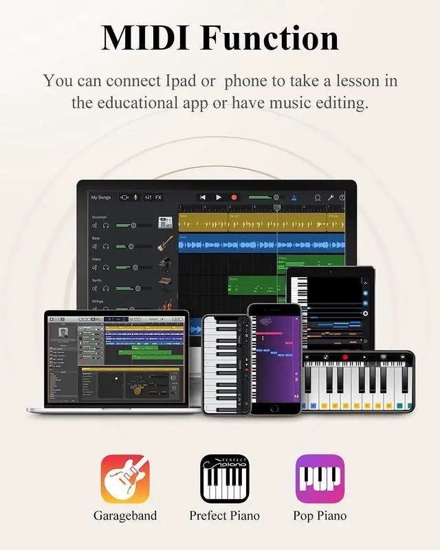 Alt view image 6 of 6 - EP-10 Beginner Foldable Digital Piano 88 Key Full Size Semi Weighted Keyboard, Bluetooth Portable Electric Piano with Piano Bag