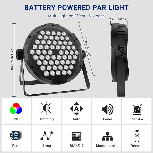 Alt view image 4 of 6 - 90W Dimmable RGB Battery Par Lights by Remote & DMX Control (2Pack) | 20H Single Color 5H Charging, Rechargeable LED Par, Uplight for DJ Party Events Wedding Church Concert Band Club
