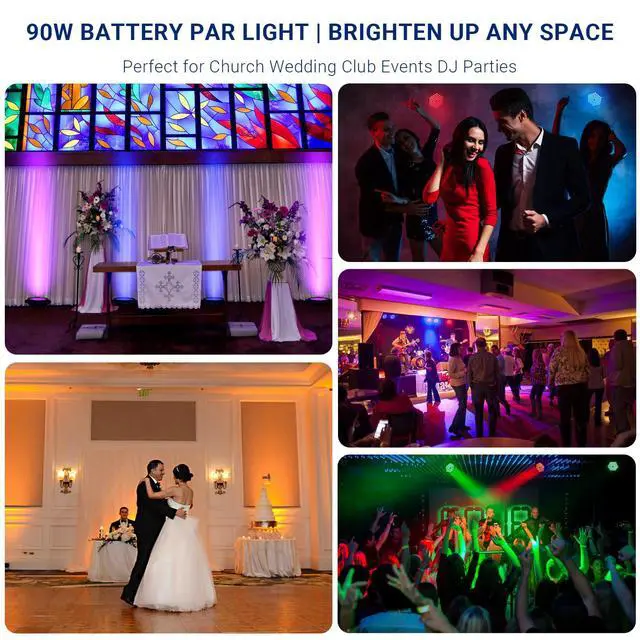 Alt view image 6 of 6 - 90W Dimmable RGB Battery Par Lights by Remote & DMX Control (2Pack) | 20H Single Color 5H Charging, Rechargeable LED Par, Uplight for DJ Party Events Wedding Church Concert Band Club