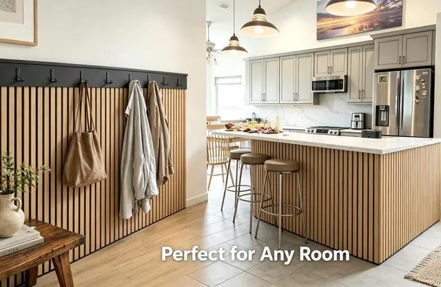 Alt view image 4 of 6 - Wood Slat Acoustic Wall Panels Fluted, 4 Pack 47.2"x23.6" Oak | Wood Slat Sound Proof Panels Noise Reduction for Home Office Studio, Ceiling and Wall, Interior Wall Decor Wooden Wall Panels