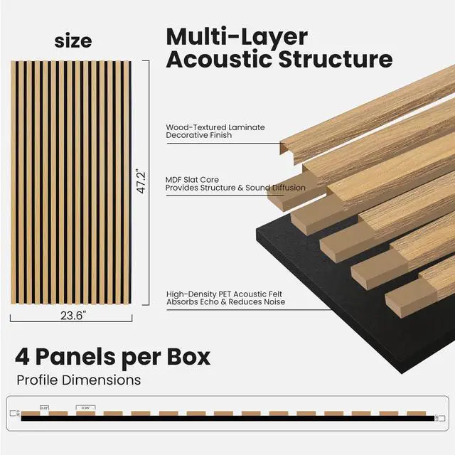 Alt view image 6 of 6 - Wood Slat Acoustic Wall Panels Fluted, 4 Pack 47.2"x23.6" Oak | Wood Slat Sound Proof Panels Noise Reduction for Home Office Studio, Ceiling and Wall, Interior Wall Decor Wooden Wall Panels