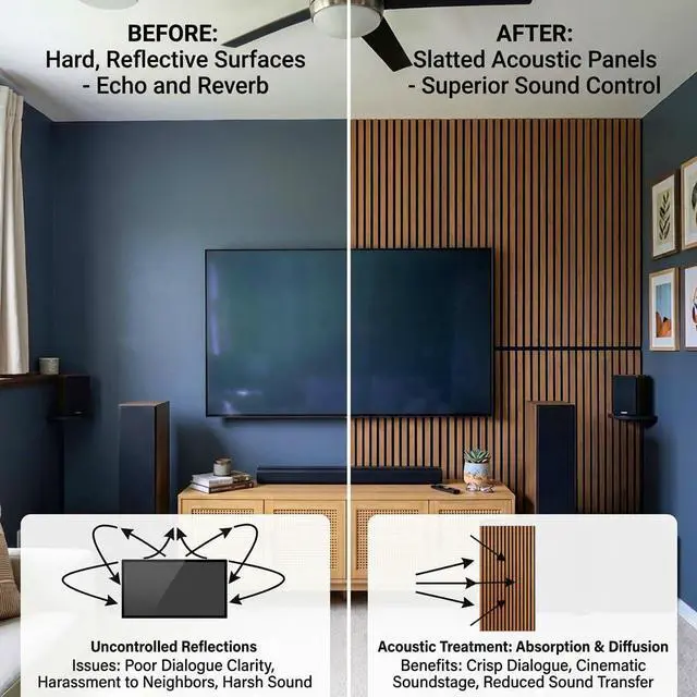 Alt view image 2 of 6 - Wood Slat Wall Panels - 4 Pack 47.2" × 23.6" - Acoustic Panels Noise Reduction for Home Office Studio, 3D Fluted Sound Dampening Absorbing Panels, Walnut | Wood Slat Sound Proof Panels Noise Reduction