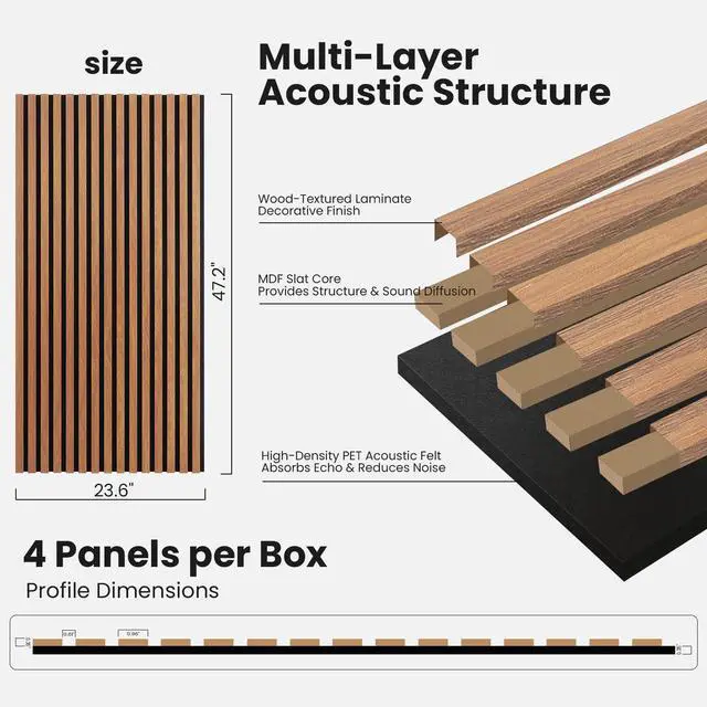 Alt view image 6 of 6 - Wood Slat Wall Panels - 4 Pack 47.2" × 23.6" - Acoustic Panels Noise Reduction for Home Office Studio, 3D Fluted Sound Dampening Absorbing Panels, Walnut | Wood Slat Sound Proof Panels Noise Reduction